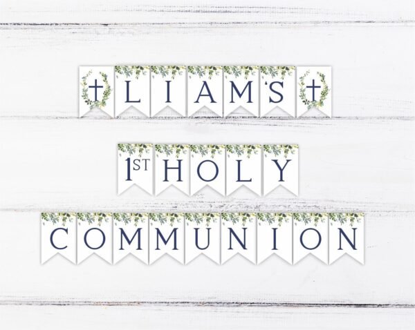 Banner 1st communion, Boy First Communion decorations, communion decoration printable banner, geenery