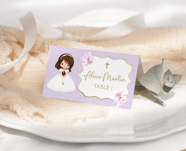 Girl First Communion Invitation girl Lilac Photo Printable Invitation Floral Watercolor, Lilac and gold, Editable Template, FC03 - Image 9