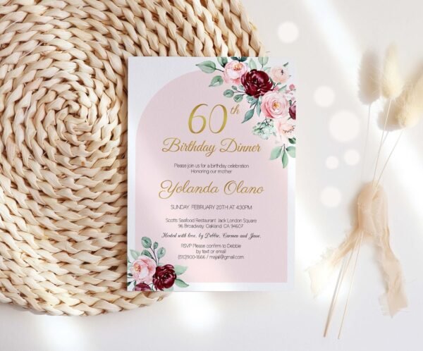 50th Birthday Invitation, 50th Birthday Dinner, Adult Birthday, Printable invitation, Editable template, Burgundy Floral watercolor