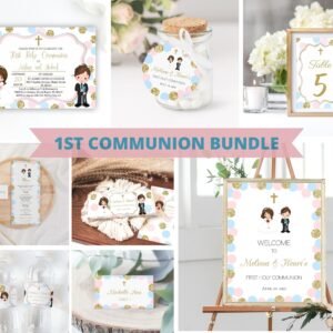 First Holy Communion invitation siblings BUNDLE, 1st Communion Twins, Boy and Girl Printable Invite, Polka Dots Pink and Blue, FC09