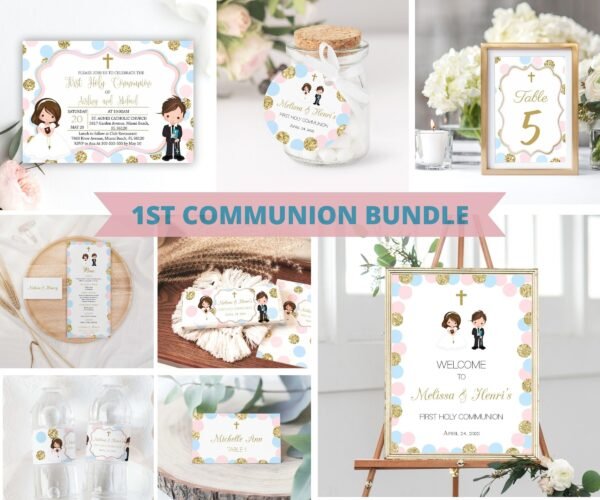 Water bottle labels First Holy Communion, Editable Template, Siblings, Twins, Blush Pink and blue, Baptism Labels, FC09 - Image 4