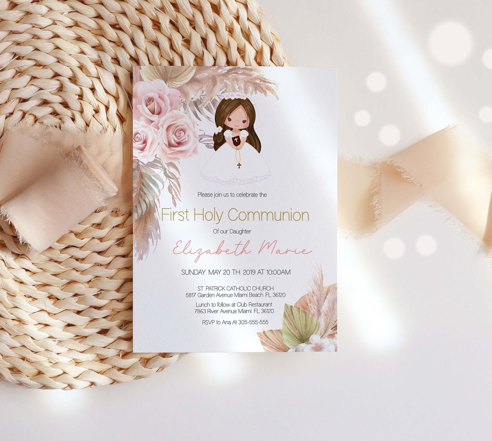 Boho Girl First communion Favor Tags, First Communion labels, Printable Tags, Brunette Girl, Communion Stickers, Editable - Image 4
