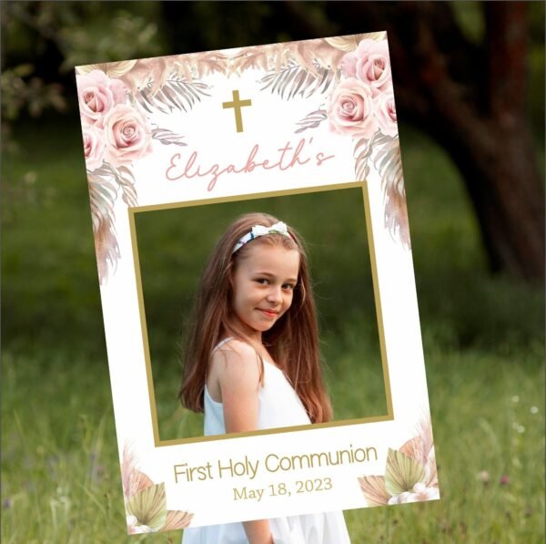 BOHO Photo Booth Selfie Frame Girl First Communion, First Communion Decoration, Digital photo boot frame, Light Pink and Gold