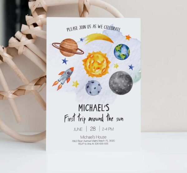 First Birthday invitation outer space, Planets Birthday invitation, First Trip around the sun, Editable template, Printable
