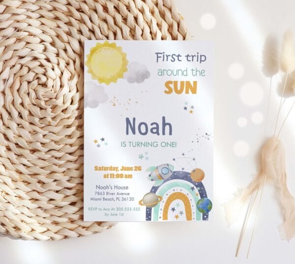 First Trip around the Sun Birthday Printable Invitation for Boy, Outer Space Birthday Invitation Template, Rainbow Birthday invitation