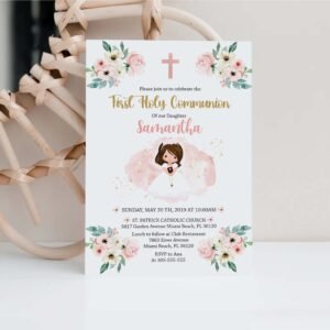 Girl First Communion Card, Girl First Holy Communion invitation, Printable Invitation, Editable Template, Floral Pink Rose Watercolor FC13