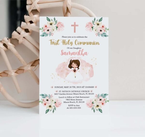 Girl First Communion Card, Girl First Holy Communion invitation, Printable Invitation, Editable Template, Floral Pink Rose Watercolor FC13