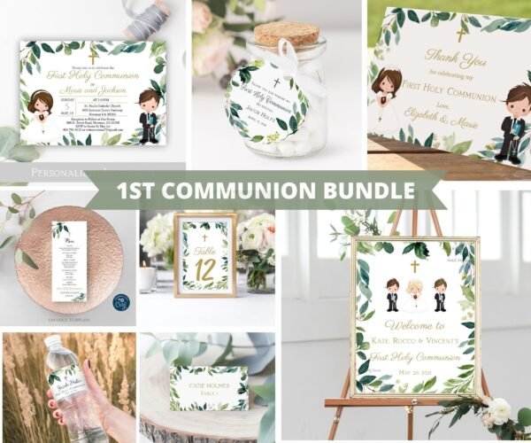 First Communion invitation siblings BUNDLE, 1st Communion Twins, First communion Boy and Girl Printable Invite, Greenery Invitation, FC04