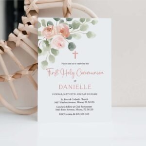 Girl First Holy Communion Printable Invitation, Dusty Pink First Communion Card, Watercolor, Editable template, Rose Gold, FC08