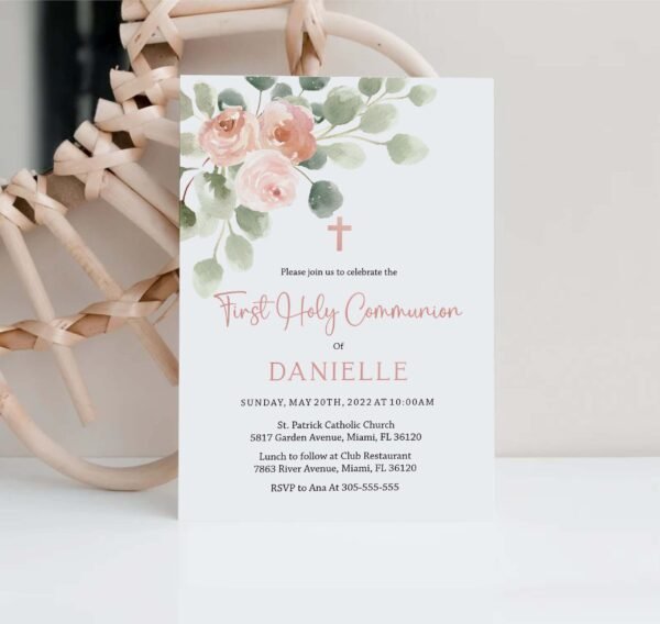 Girl First Holy Communion Printable Invitation, Dusty Pink First Communion Card, Watercolor, Editable template, Rose Gold, FC08