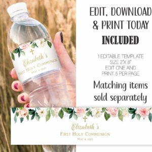 Water bottle label Girl First Holy Communion, 1st Communion Girl, Editable Template, Printable, Blush Pink Watercolor, Baptism Label, FC05