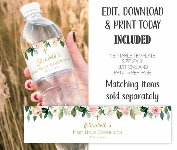 Water bottle label Girl First Holy Communion, 1st Communion Girl, Editable Template, Printable, Blush Pink Watercolor, Baptism Label, FC05