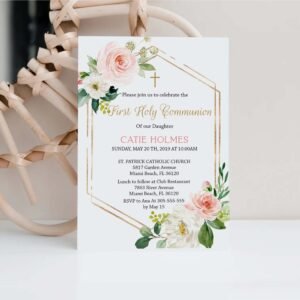 Printable first communion invitation girl, first holy communion girl, floral blush watercolor, blush and gold, instant download, FC05