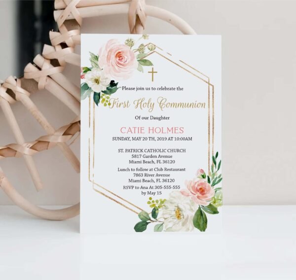Printable first communion invitation girl, first holy communion girl, floral blush watercolor, blush and gold, instant download, FC05