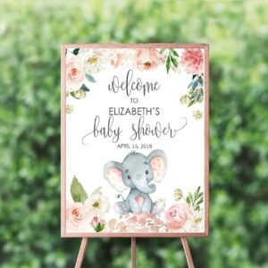 Elephant baby shower welcome sign, girl baby shower, shower decoration, printable sign, blush pink floral watercolor