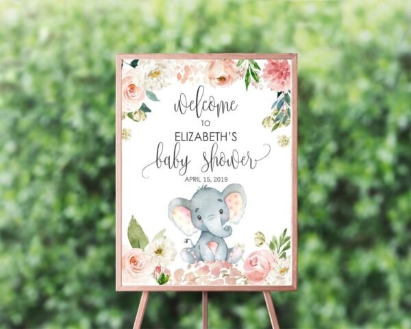 Elephant baby shower welcome sign, girl baby shower, shower decoration, printable sign, blush pink floral watercolor