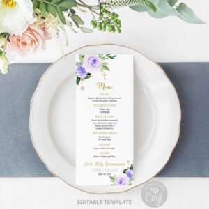 First Holy Communion Menu, Girl First Communion Program, Baptism Menu, Printable menu, Editable, Floral Blush watercolor, FC06