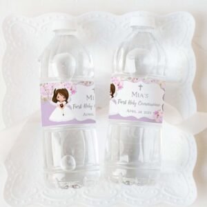 Purple Water bottle labels, First holy communion template, Editable template, Printable labels