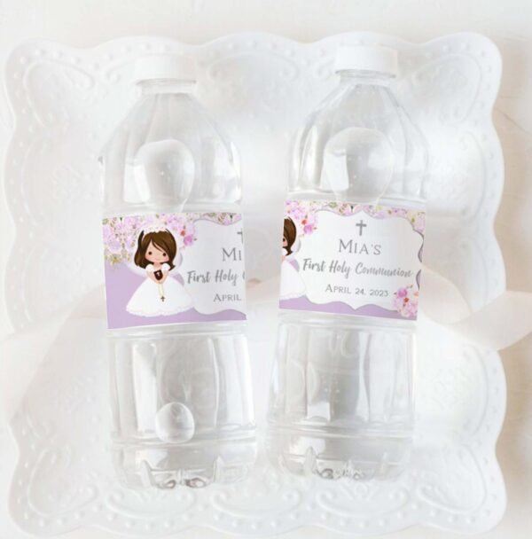 Purple Water bottle labels, First holy communion template, Editable template, Printable labels