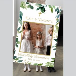 Greenery Photo Booth Selfie Frame First Communion, Siblings First Communion Decoration, Twins Digital photo boot frame, Green leaf, FC04