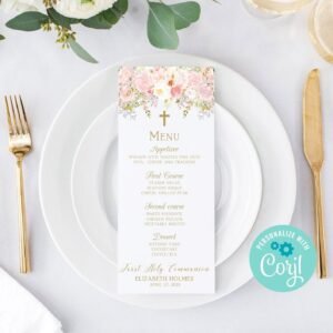 First communion menu template, girl communion, personalized printable menu, blush pink