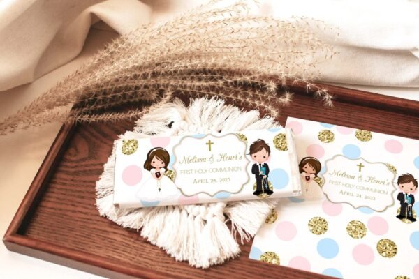 Water bottle labels First Holy Communion, Editable Template, Siblings, Twins, Blush Pink and blue, Baptism Labels, FC09 - Image 5