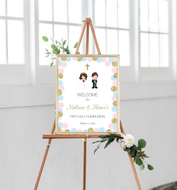 Water bottle labels First Holy Communion, Editable Template, Siblings, Twins, Blush Pink and blue, Baptism Labels, FC09 - Image 9