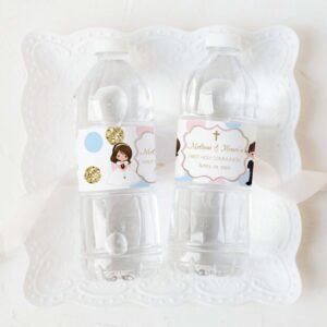 Water bottle labels First Holy Communion, Editable Template, Siblings, Twins, Blush Pink and blue, Baptism Labels, FC09