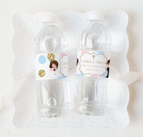 Water bottle labels First Holy Communion, Editable Template, Siblings, Twins, Blush Pink and blue, Baptism Labels, FC09
