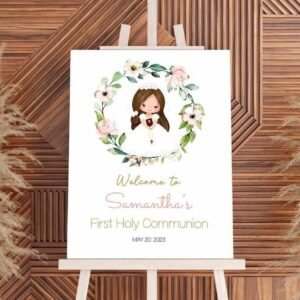 Girl First communion welcome sign, 1st Communion Poster, Communion Decoration, Printable Sign, Floral Peach and Cream, Editable, FC13