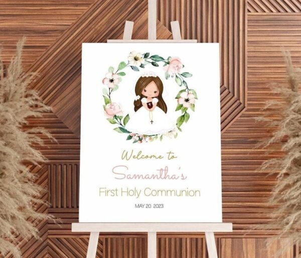 Girl First communion welcome sign, 1st Communion Poster, Communion Decoration, Printable Sign, Floral Peach and Cream, Editable, FC13
