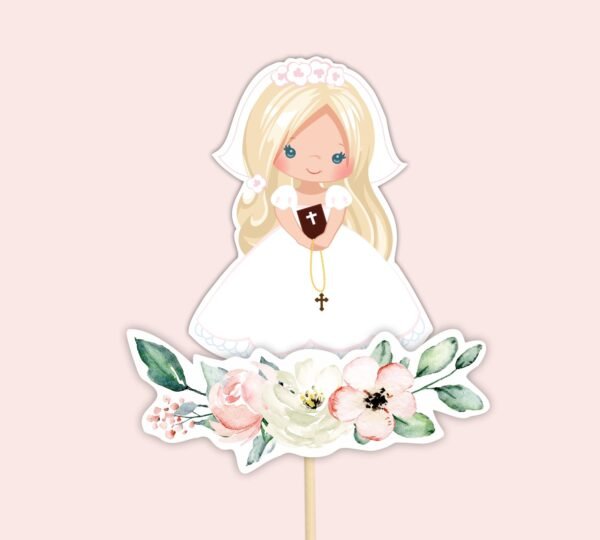 CENTERPIECES First Holy Communion Printable, Girl First Holy Communion Cake Topper, First Communion decor, Blond Girl Instant download, FC13