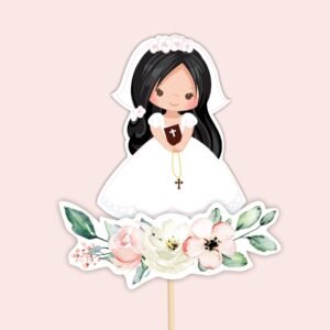 CENTERPIECES Gil First Holy Communion Printable, First Holy Communion Cake Topper, First Communion decor, Black Hair Instant download, FC13