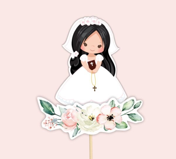 CENTERPIECES Gil First Holy Communion Printable, First Holy Communion Cake Topper, First Communion decor, Black Hair Instant download, FC13