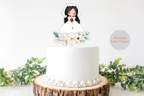 CENTERPIECES Gil First Holy Communion Printable, First Holy Communion Cake Topper, First Communion decor, Black Hair Instant download, FC13 - Image 2