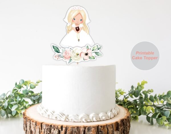 CENTERPIECES First Holy Communion Printable, Girl First Holy Communion Cake Topper, First Communion decor, Blond Girl Instant download, FC13 - Image 2