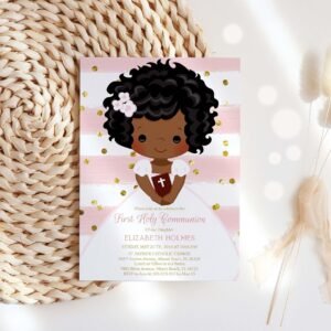 First Holy Communion Card, Girl First Holy Communion invitation, Printable Invitation, Editable Template, Stripes Pink Watercolor FC18