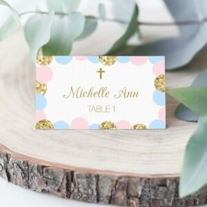 First Holy Communion Girl Place cards, Tent cards, Editable Template, Printable place cards, Baptism, Polka Dots, Table Decor, FC09