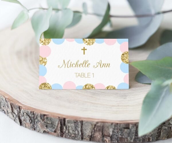 First Holy Communion Girl Place cards, Tent cards, Editable Template, Printable place cards, Baptism, Polka Dots, Table Decor, FC09