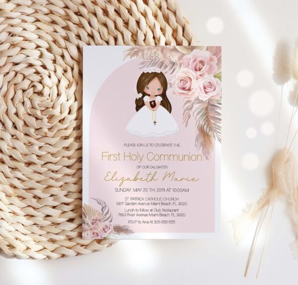 Boho First Communion Tag, Printable Gift Tags, Communion girl, Thank you tags Communion, Square Tag, Pampas Grass, Editable Template, FC15 - Image 6