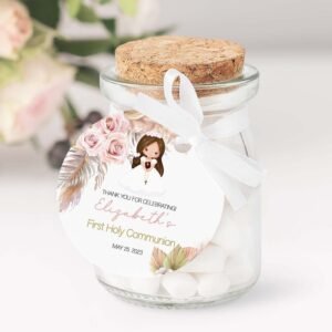 Boho Girl First communion Favor Tags, First Communion labels, Printable Tags, Brunette Girl, Communion Stickers, Editable