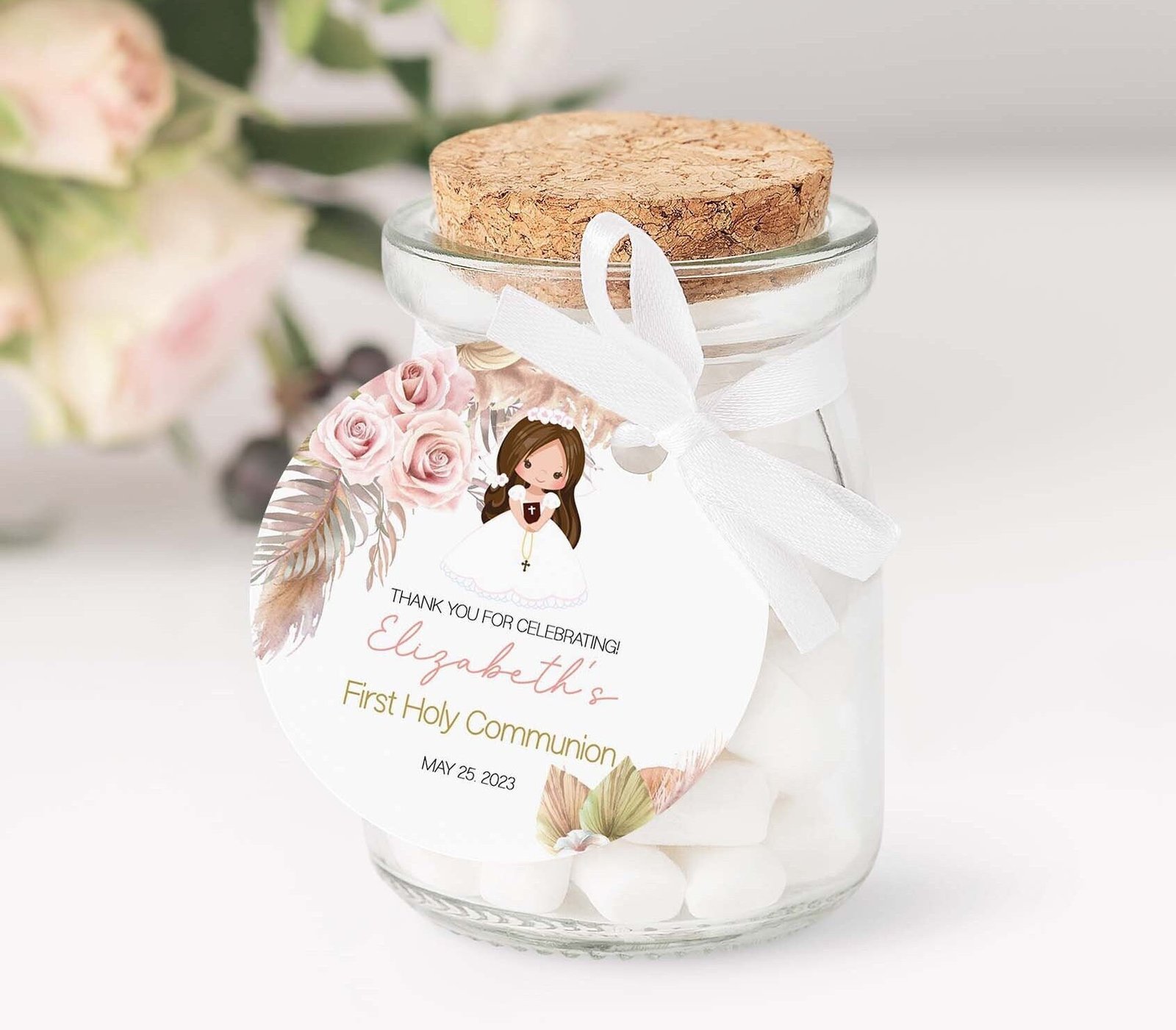 Boho Girl First communion Favor Tags, First Communion labels, Printable Tags, Brunette Girl, Communion Stickers, Editable