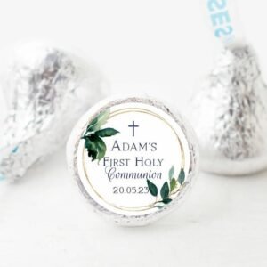 Hershey Kiss Label Template, Boy First holy communion, Communion label Kiss, Printable Label, Greenery leaves, Editable template, FC07
