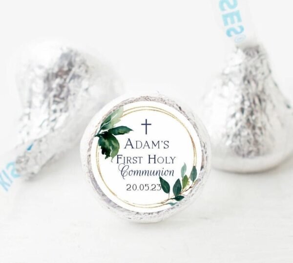 Hershey Kiss Label Template, Boy First holy communion, Communion label Kiss, Printable Label, Greenery leaves, Editable template, FC07