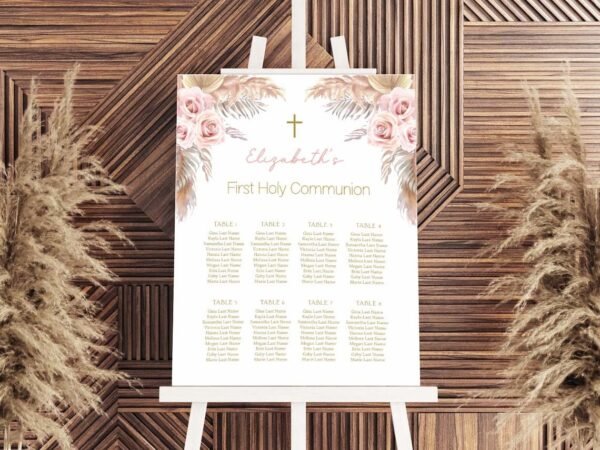 Boho First Holy Communion Seating Chart, Girl first communion, Editable seating chart, Printable, Boho First Communion, Pampas grass, FC15