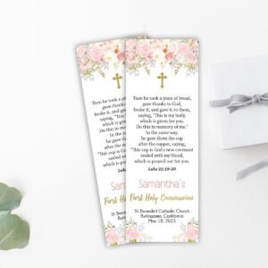 Gil First Holy Communion Bookmark, Printable Bookmarks, Communion favors, Floral watercolor, Blush pink Watercolor, Editable Template
