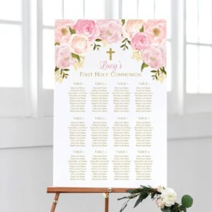 Girl First Holy Communion seating chart, girl first communion, editable seating chart, printable seating plan, Roses greenery pink, editable