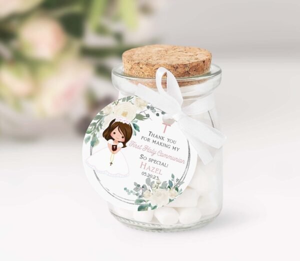 First Holy Communion Favor Tags Girl, printable tags, Communion Girl, Thank you tags communion, Greenery White flowers, Editable