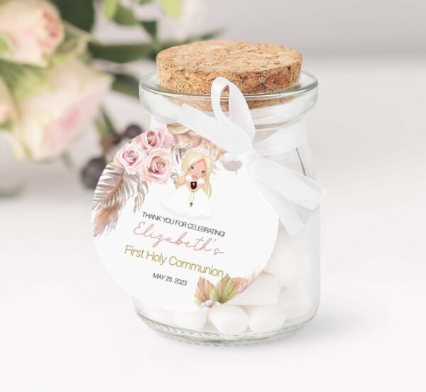 Boho First communion Favor Tags for Girl, First Communion labels, Printable Tags, Blond Communion Girl, Communion Stickers, Editable