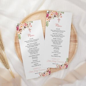 Girl First Holy Communion Editable Menu, Girl First Communion, Siblings Communion, Printable menu, Floral Blush Pink watercolor, FC08